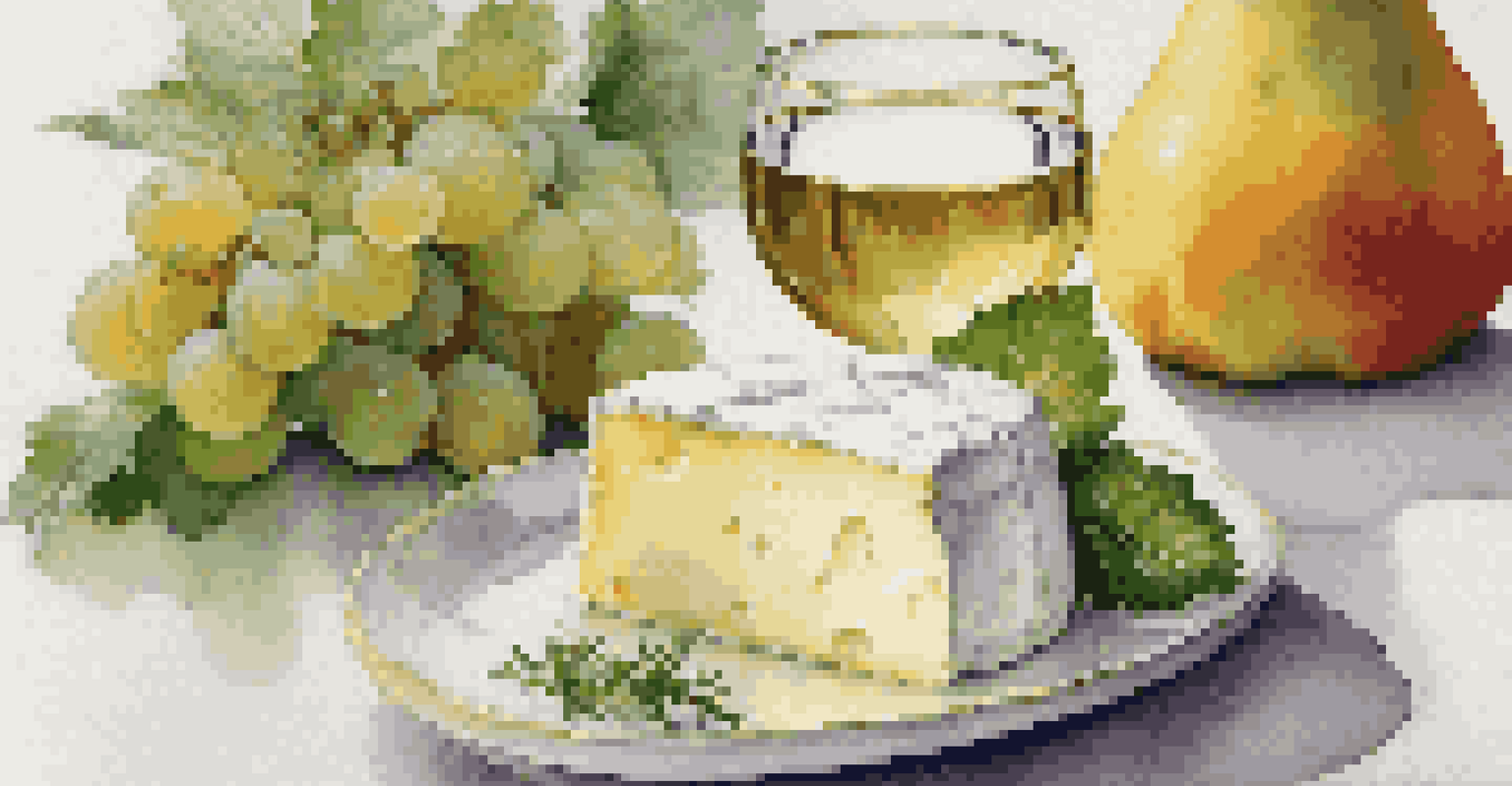 A close-up view of creamy Brie cheese next to a chilled glass of Chardonnay, with fresh herbs and fruits in the background.