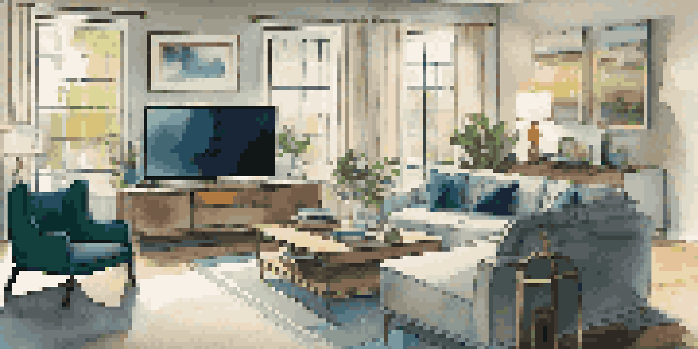 A contemporary living room showcasing smart home technology, including a smart TV and stylish furniture with warm lighting.
