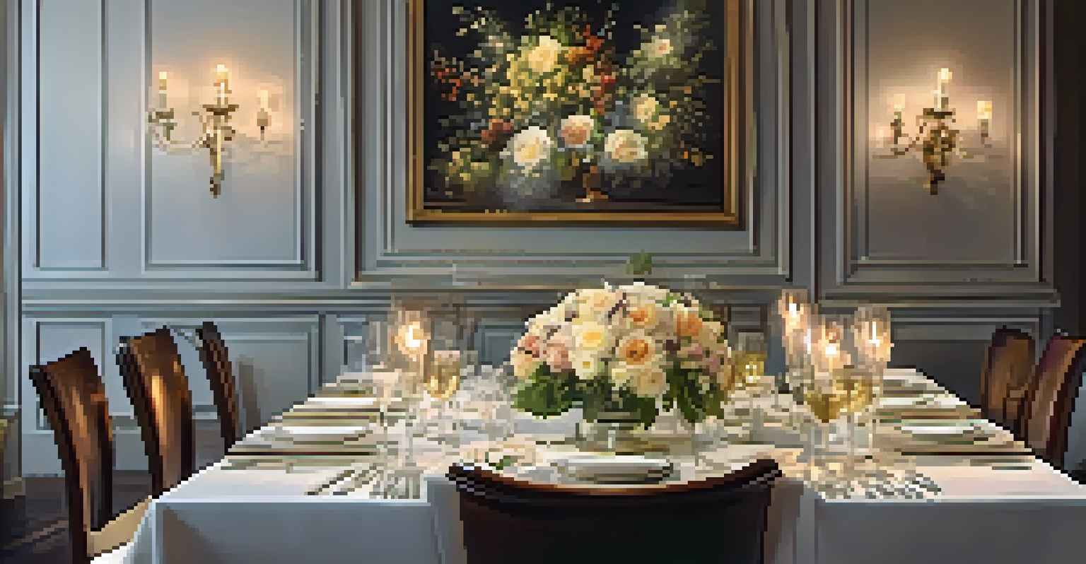 An elegant dining table set for fine dining with candlelight and a waiter serving wine.