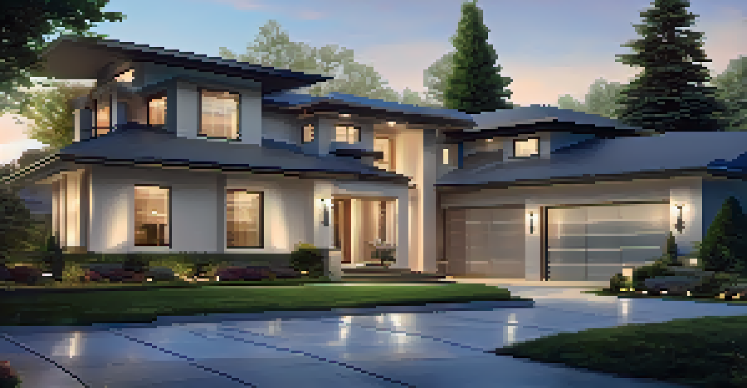 A luxury home exterior with sleek surveillance cameras and beautiful dusk lighting.