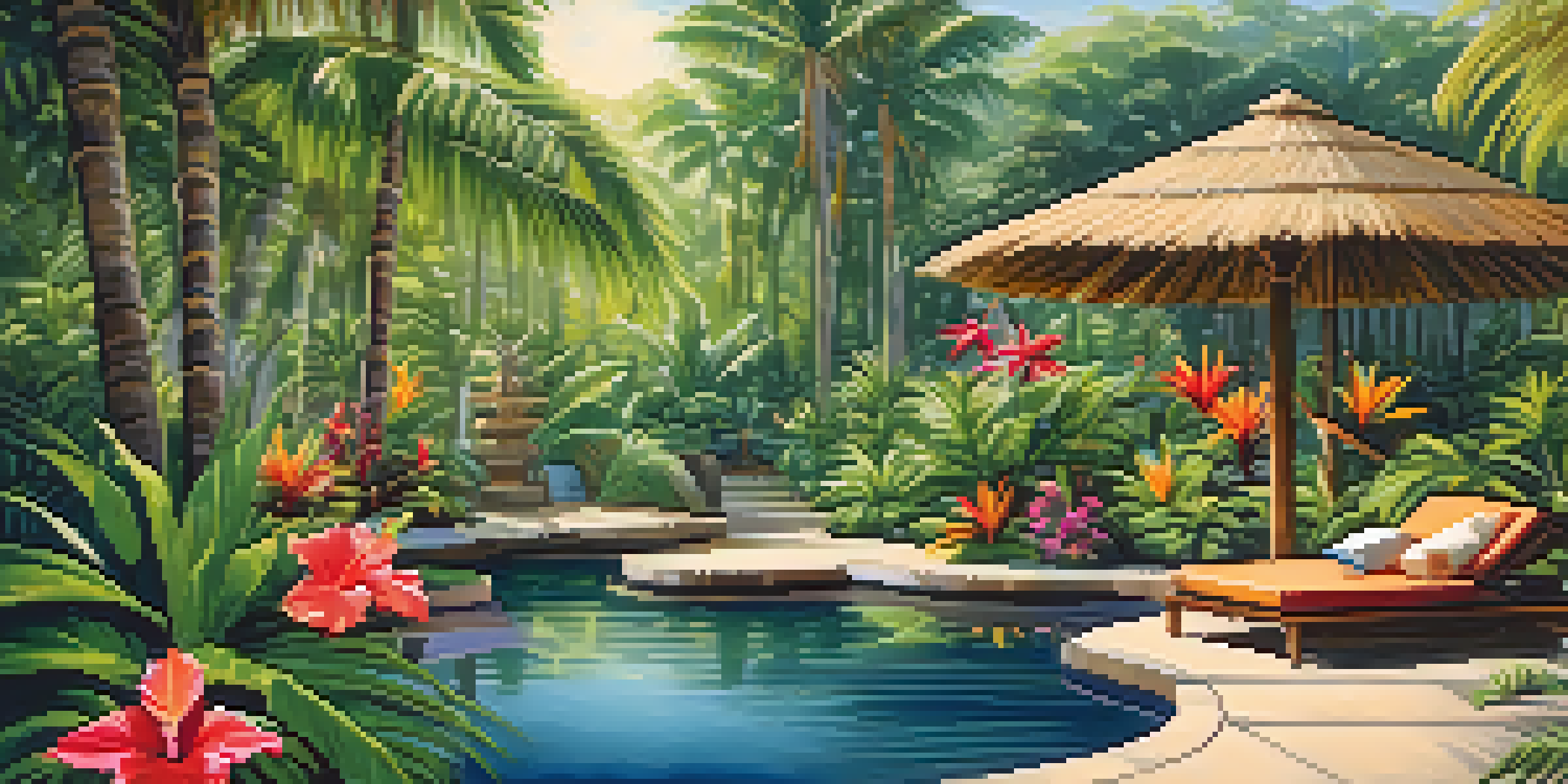 A lush tropical garden with colorful flowers, palm trees, a pond, and hammocks, exuding a serene vibe.