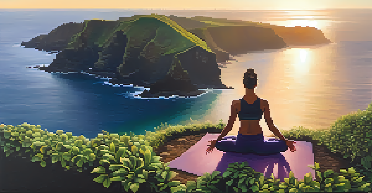 A person practicing yoga on a cliff at sunrise, surrounded by greenery and the ocean in the background.