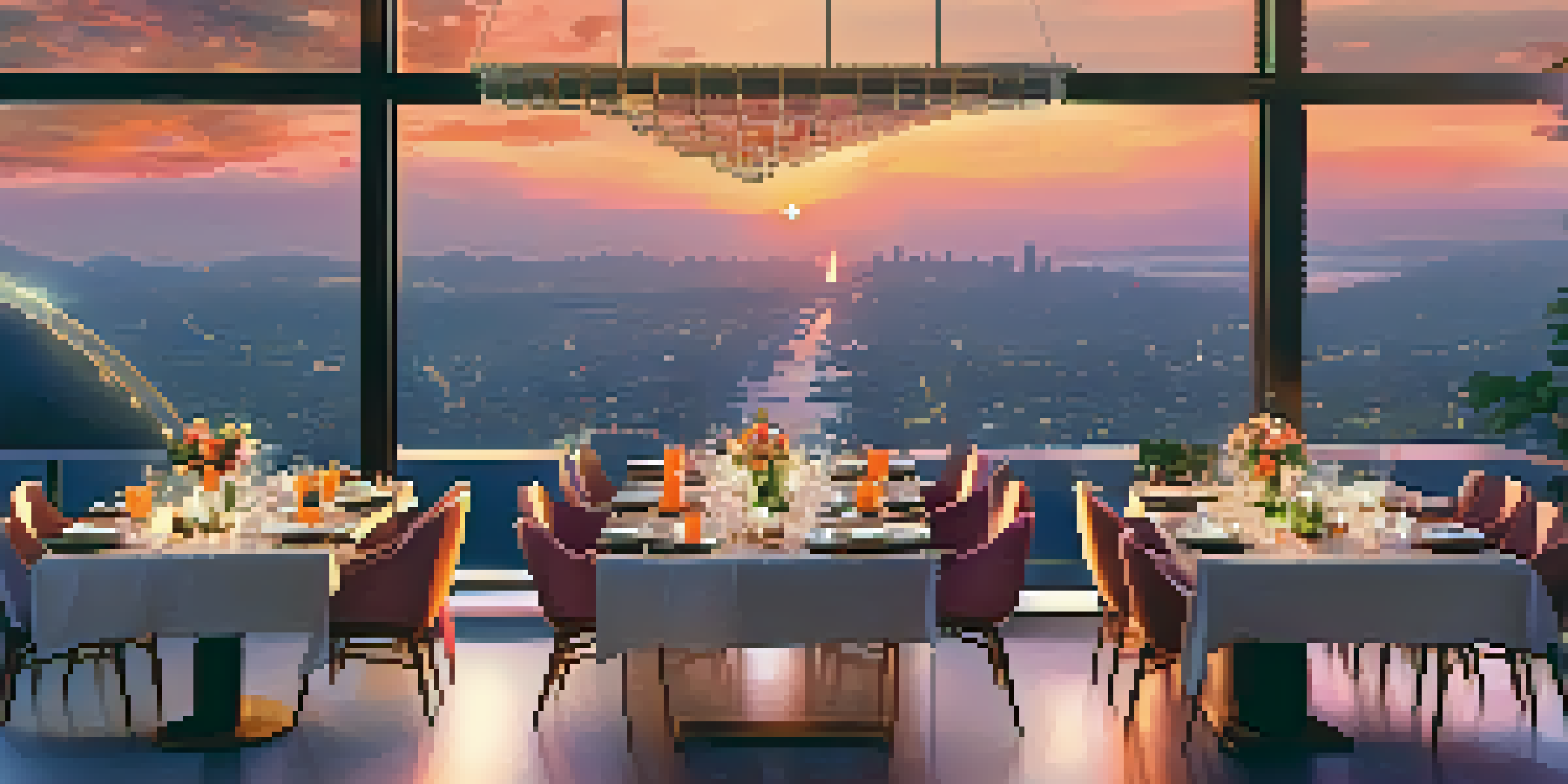A sky dining setup at sunset with guests enjoying gourmet dishes above a city skyline.
