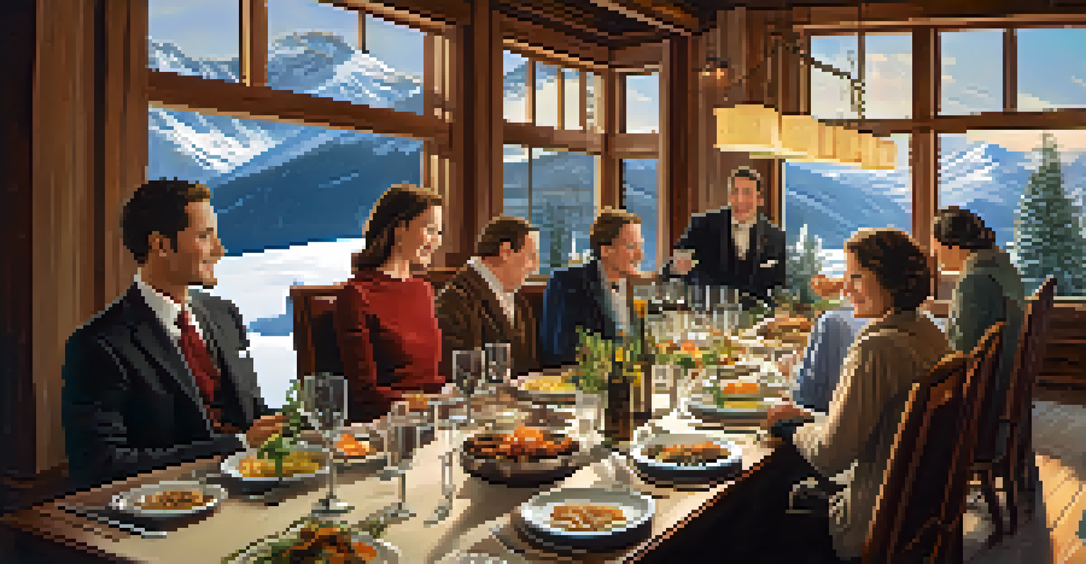 A family enjoying a gourmet dinner in a mountain lodge with snow-covered peaks in the background.