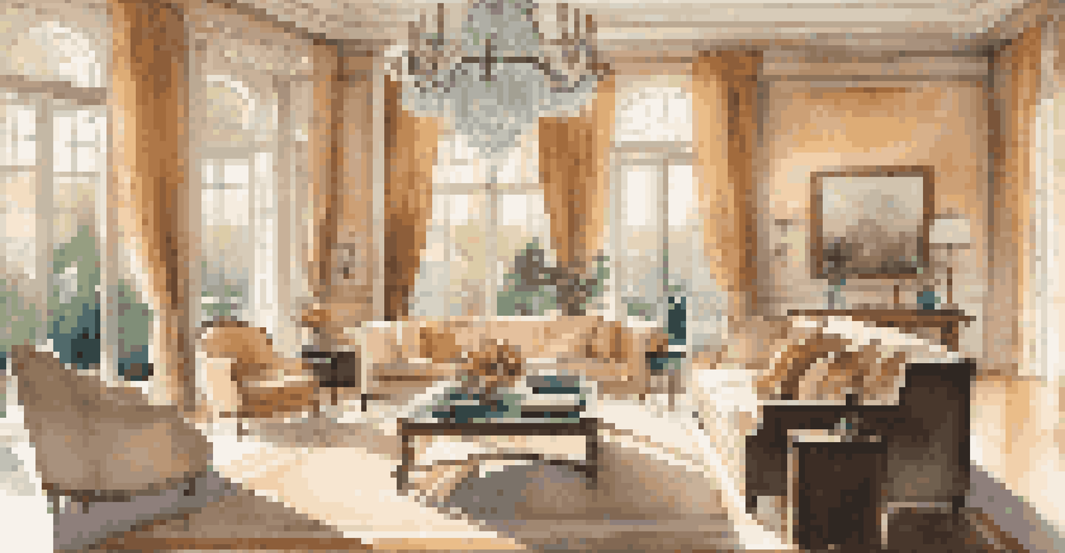 A luxurious living room with plush sofas, a grand chandelier, and elegant artwork, illuminated by warm light and with a view of a garden.