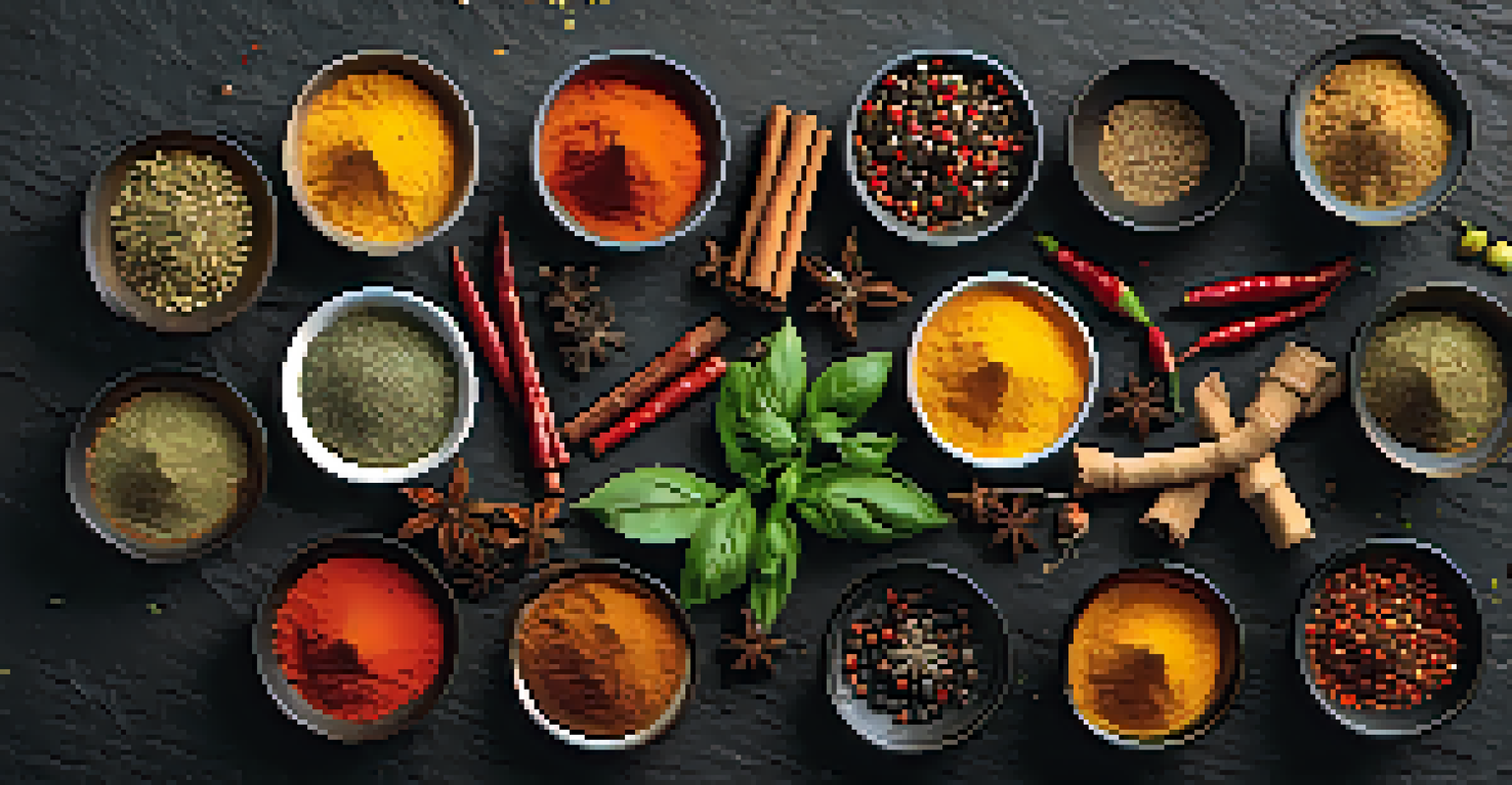 An overhead view of colorful spices and fresh herbs arranged on a dark slate background.