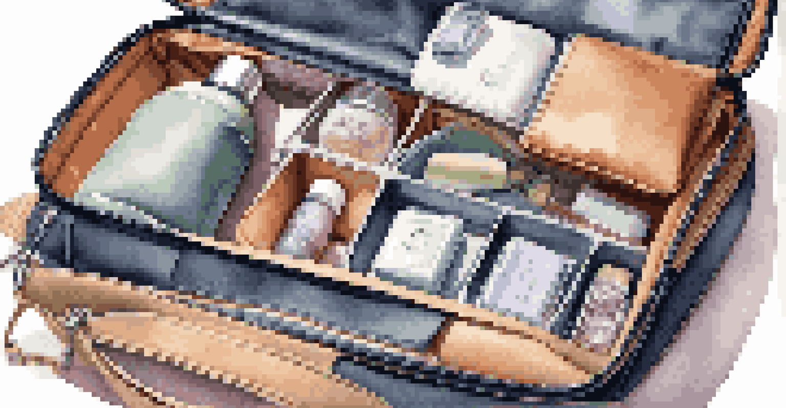 An open travel bag showcasing stylish travel organizers with neatly arranged items, illuminated by soft light.
