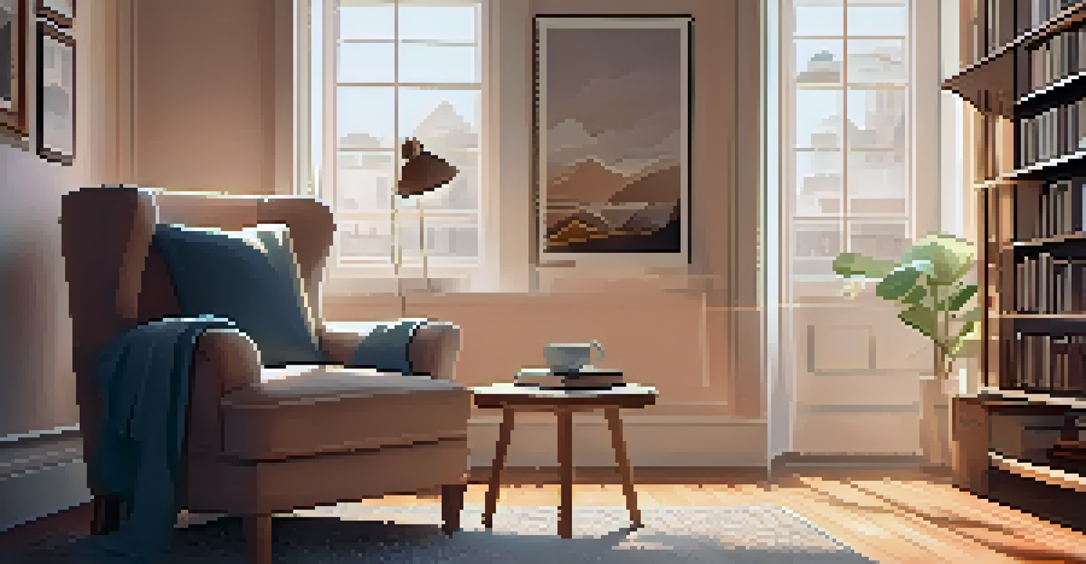 A cozy reading nook with an armchair and books, illuminated by warm light.