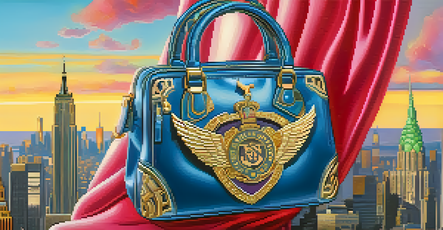 Close-up of hands holding a luxury handbag with a charity emblem, with a blurred cityscape in the background.