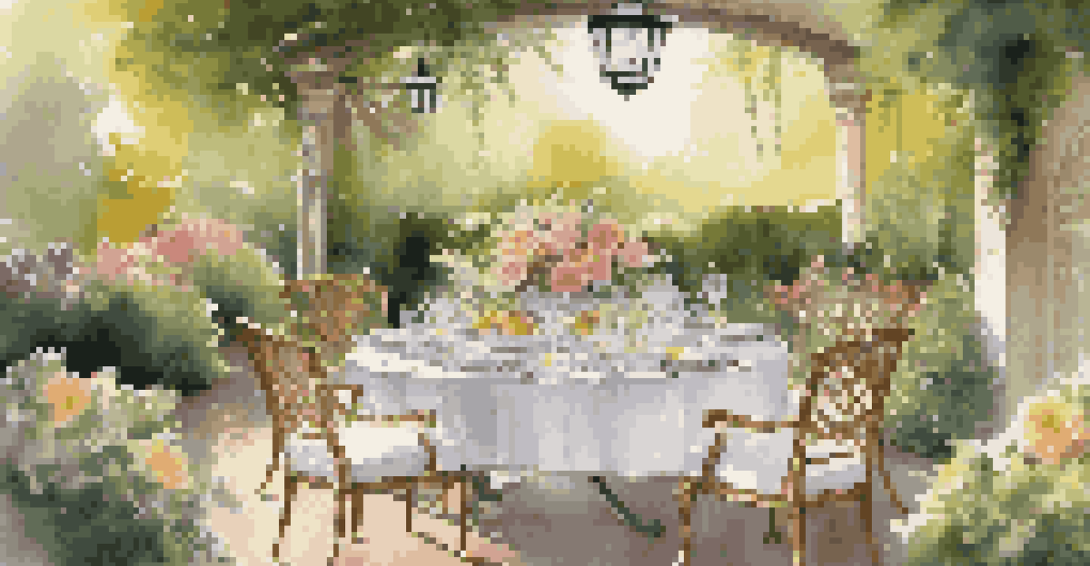 An elegant outdoor dining setup in a lush garden during golden hour.