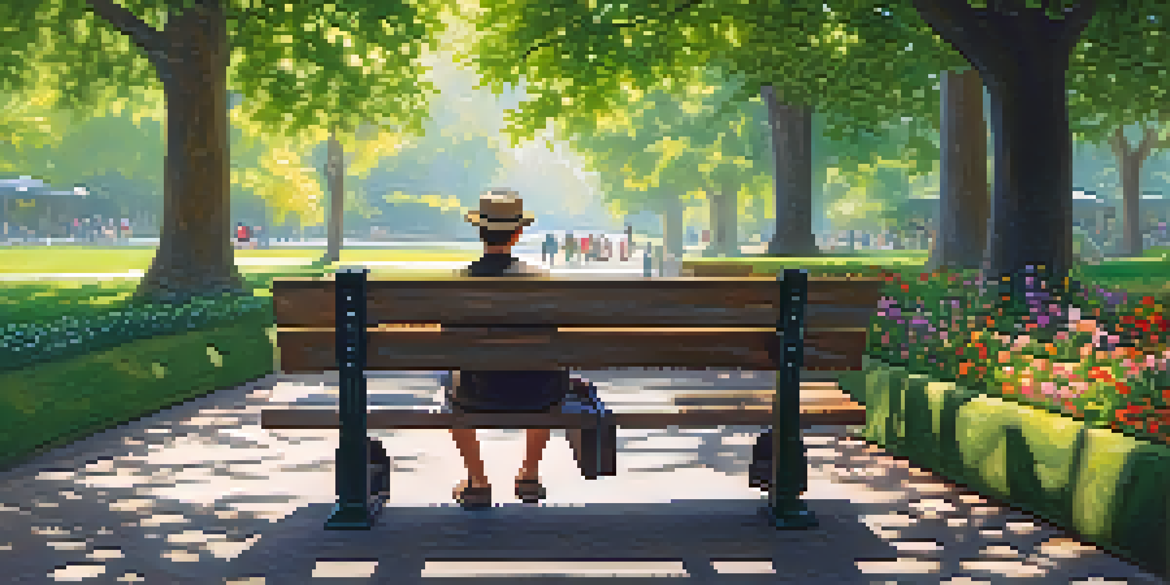 A traveler practicing mindfulness on a park bench, surrounded by greenery and flowers, looking calm and relaxed.