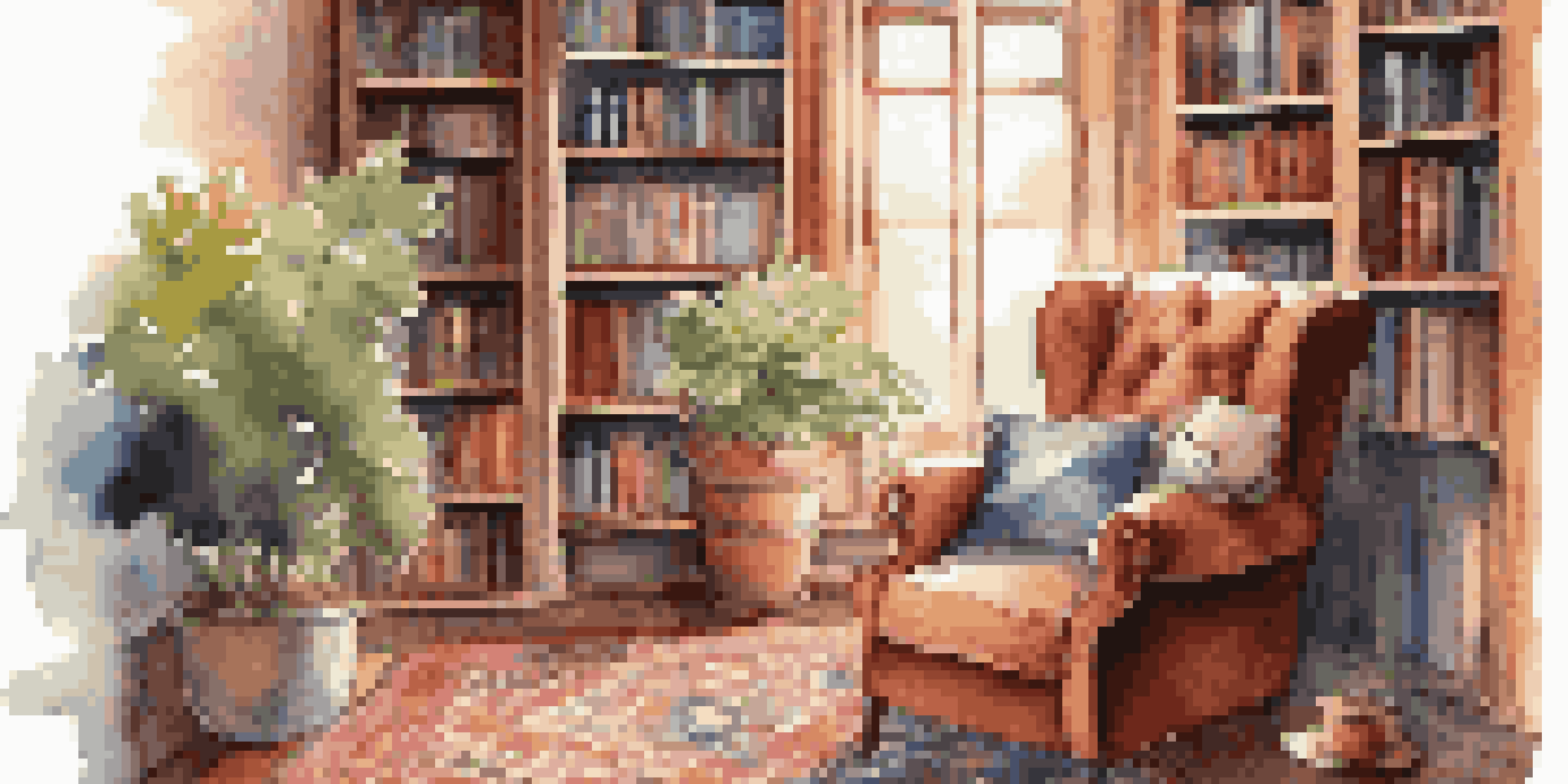 A warm and inviting home library featuring a plush armchair by a window, illuminated by natural sunlight. A bookshelf filled with books and a colorful rug enhance the cozy atmosphere.
