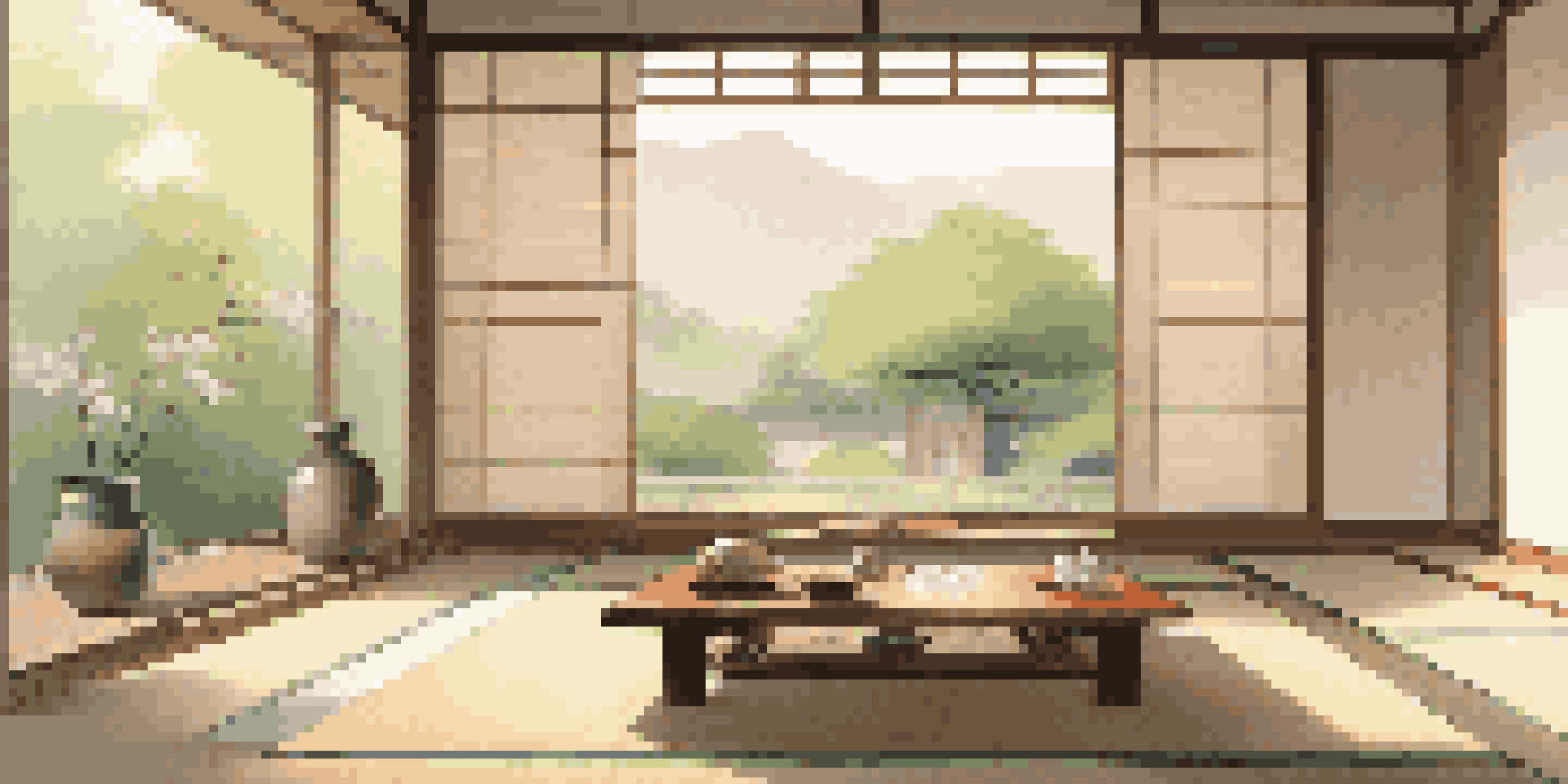 A minimalist living room designed in Japanese style, showcasing a low wooden table and floor cushions, with natural light and art pieces on the walls.