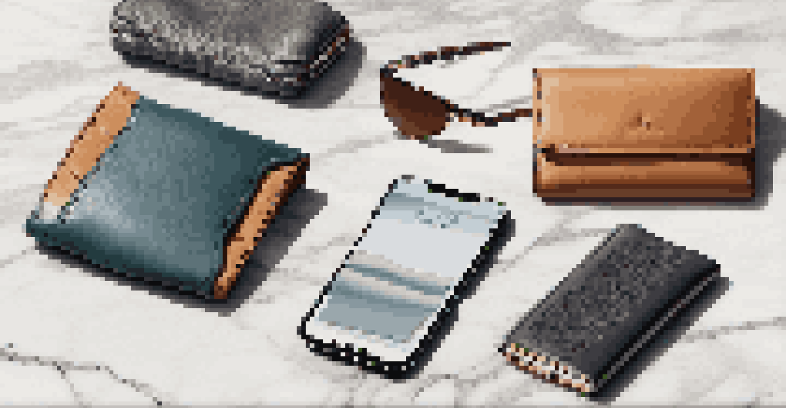 An elegant flat lay of various smart wallets on a marble surface, showcasing different colors and textures alongside a smartphone and sunglasses.