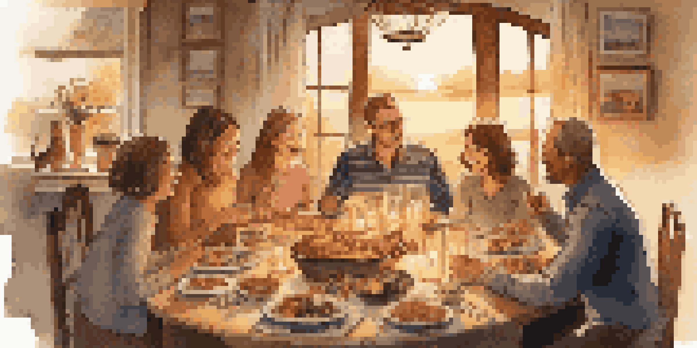 A family discussing travel plans around a dinner table with a map, showcasing excitement and togetherness.