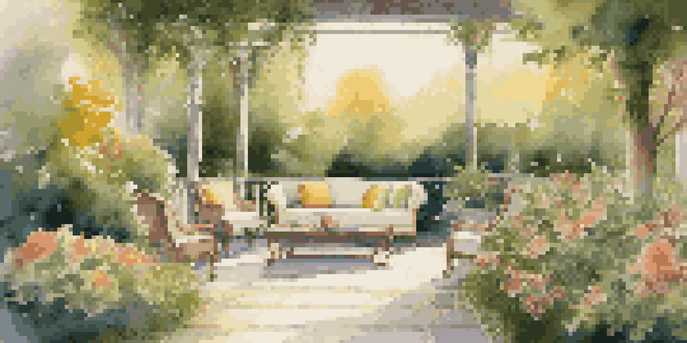 A beautiful garden with a pathway, vibrant flowers, and cozy seating, illuminated by warm lighting.