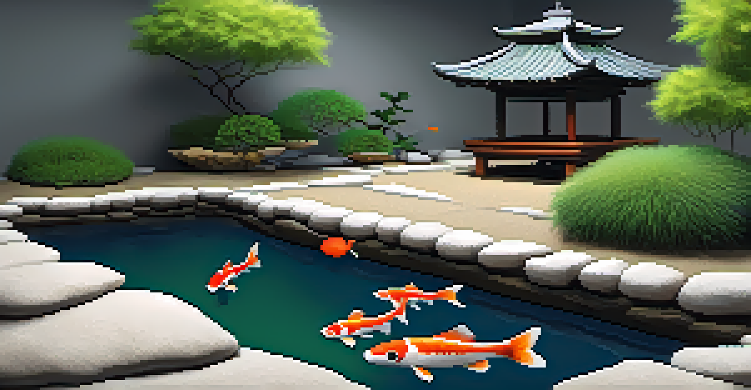 A serene Zen garden with raked gravel, stones, a koi pond, and bamboo elements, promoting tranquility.