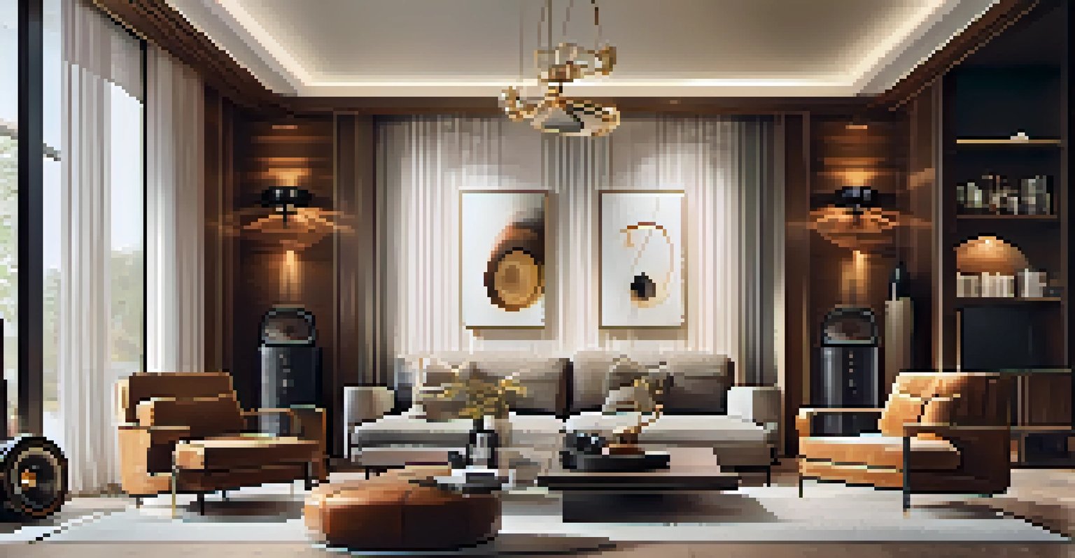 An elegant living room with a high-end audio system and warm lighting, featuring strategic placement of wireless speakers.