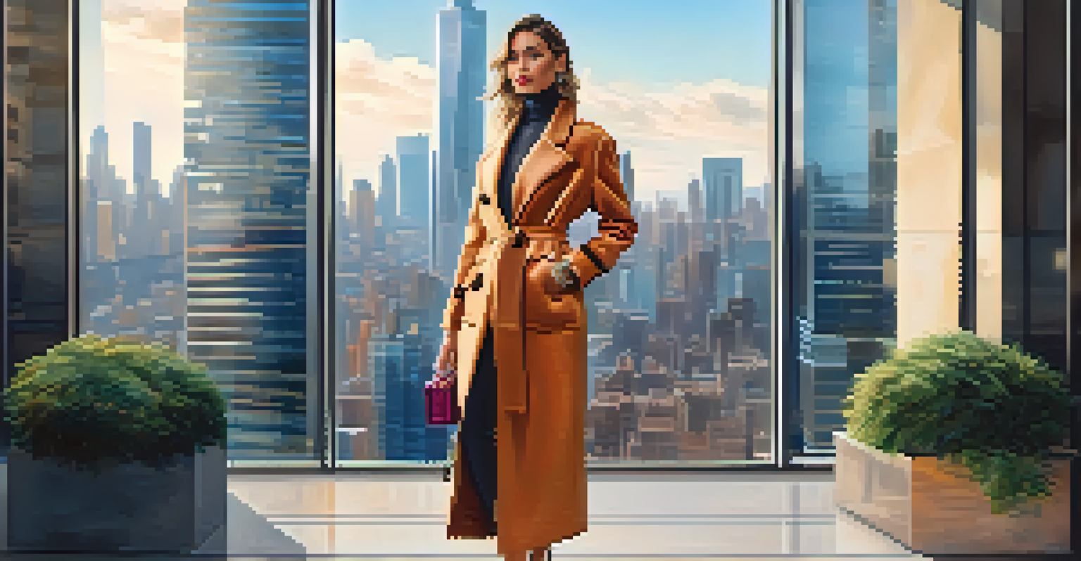 A fashion influencer in a designer outfit posing in a modern urban environment with skyscrapers.