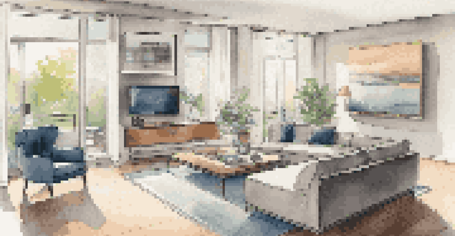 A modern living room with a security system tablet on display, elegantly decorated with ample natural light.