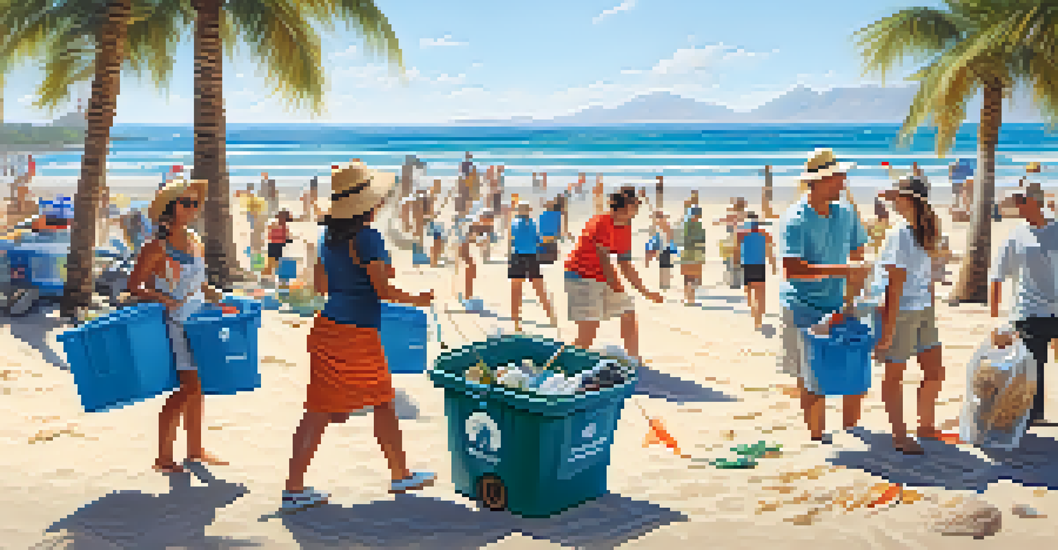Tourists participating in a beach cleanup on a sunny day, collecting trash on a beautiful sandy beach with palm trees.
