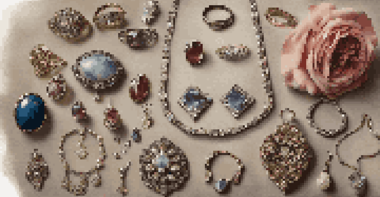 Artistic arrangement of vintage and antique jewelry pieces on a wooden table, surrounded by dried flowers and lace.