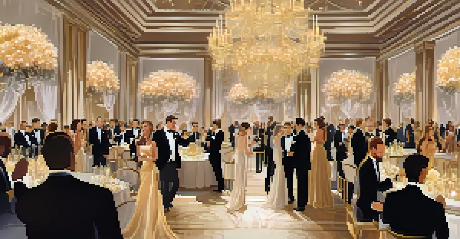 Elegant guests attending a gala event in a luxury club, mingling under chandeliers and surrounded by opulent decorations and a live band.