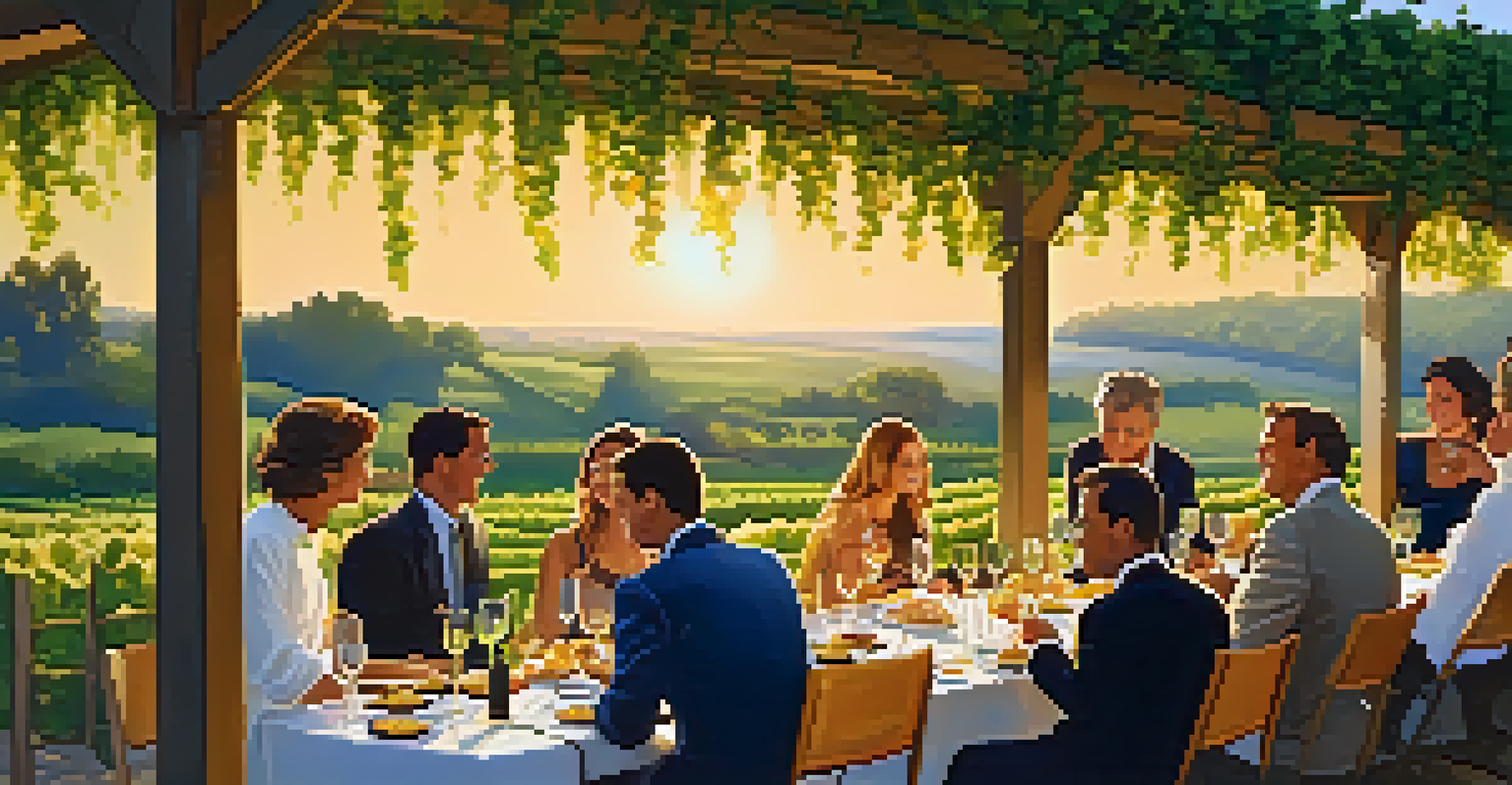 An outdoor wine tasting event with guests enjoying wine under a canopy of vines during sunset.