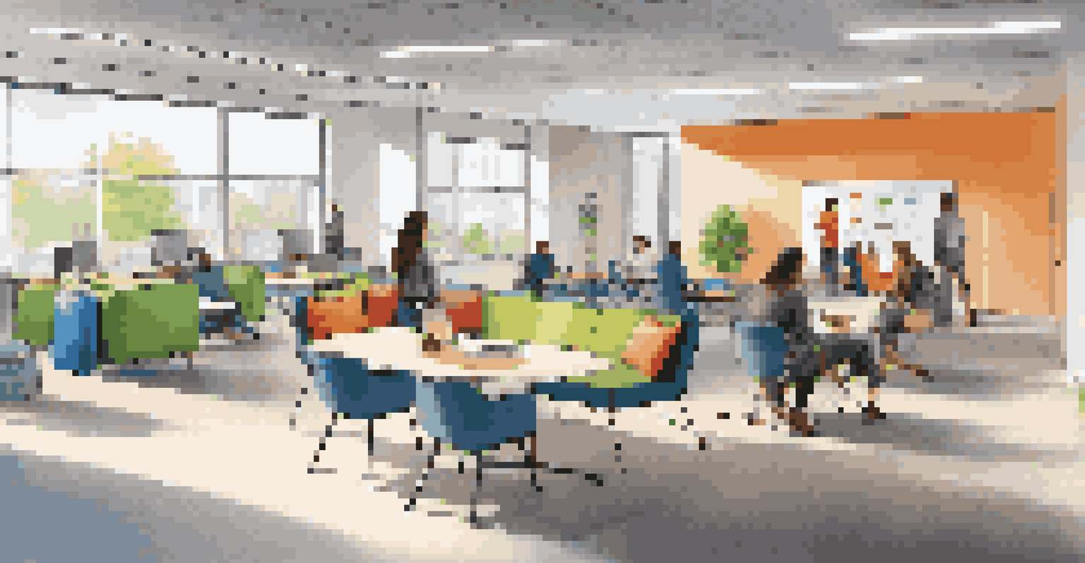 A flexible workspace with movable furniture, bright colors, and technology integration, designed for collaboration and dynamic work environments.