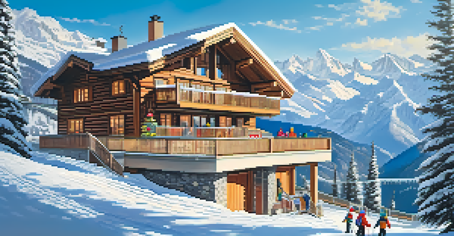 A family skiing in the Swiss Alps, with a picturesque chalet and snow-covered mountains in the background.