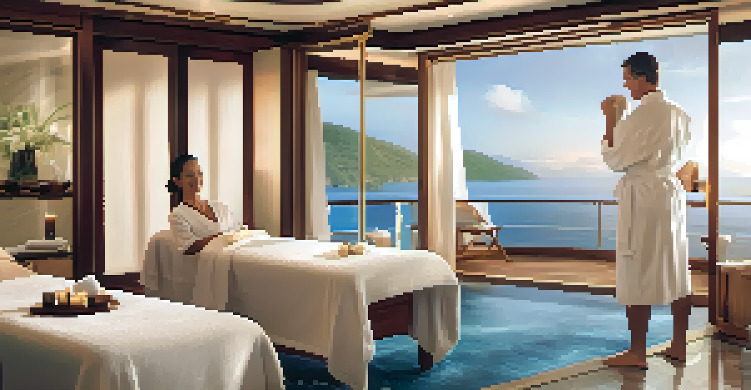 A relaxing spa service in a luxury cruise suite with ocean views, featuring a guest receiving a massage.