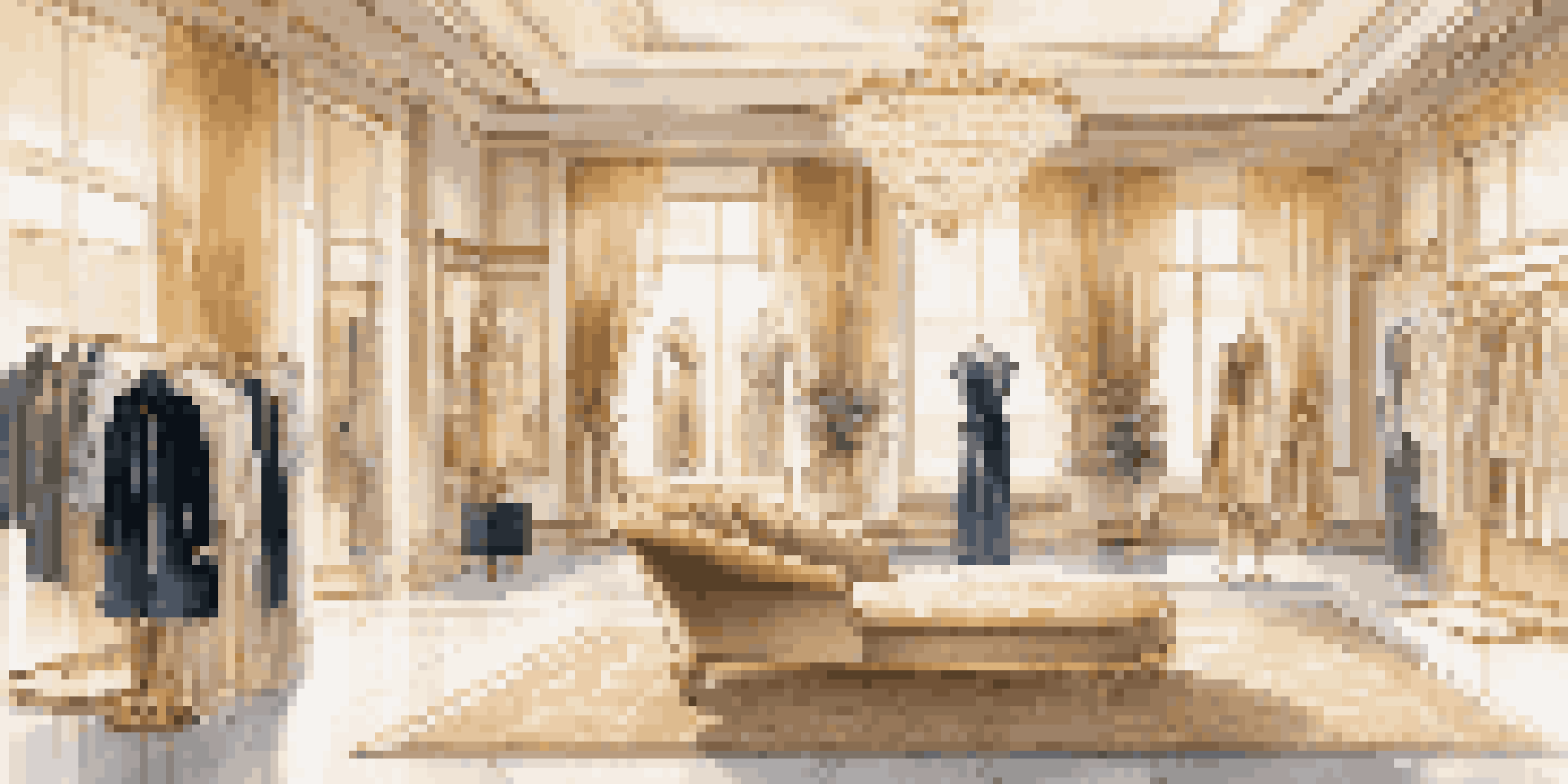 An elegant boutique store interior with high-end fashion items displayed under soft golden lighting, featuring plush seating and large windows.