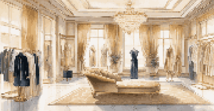 An elegant boutique store interior with high-end fashion items displayed under soft golden lighting, featuring plush seating and large windows.