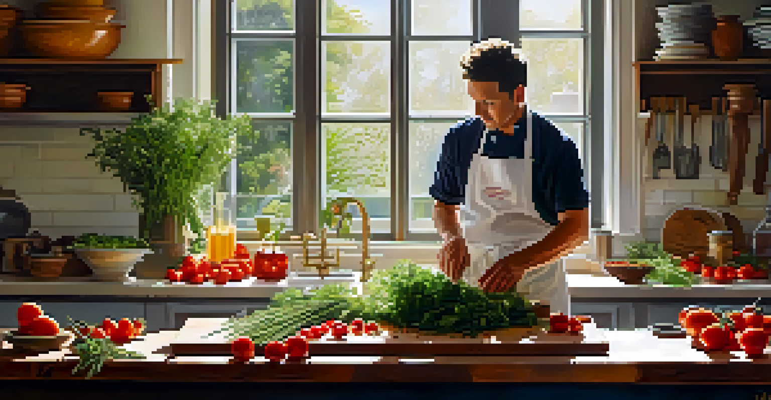 A chef chopping fresh herbs in a sunlit kitchen with colorful ingredients on the countertop.