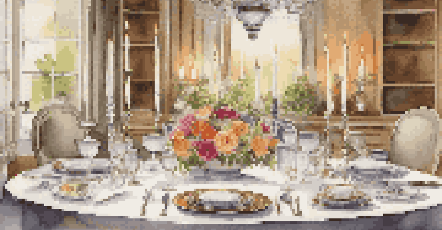 A luxurious dining table set with organic dishes, fine china, and a floral centerpiece, illuminated by soft candlelight.