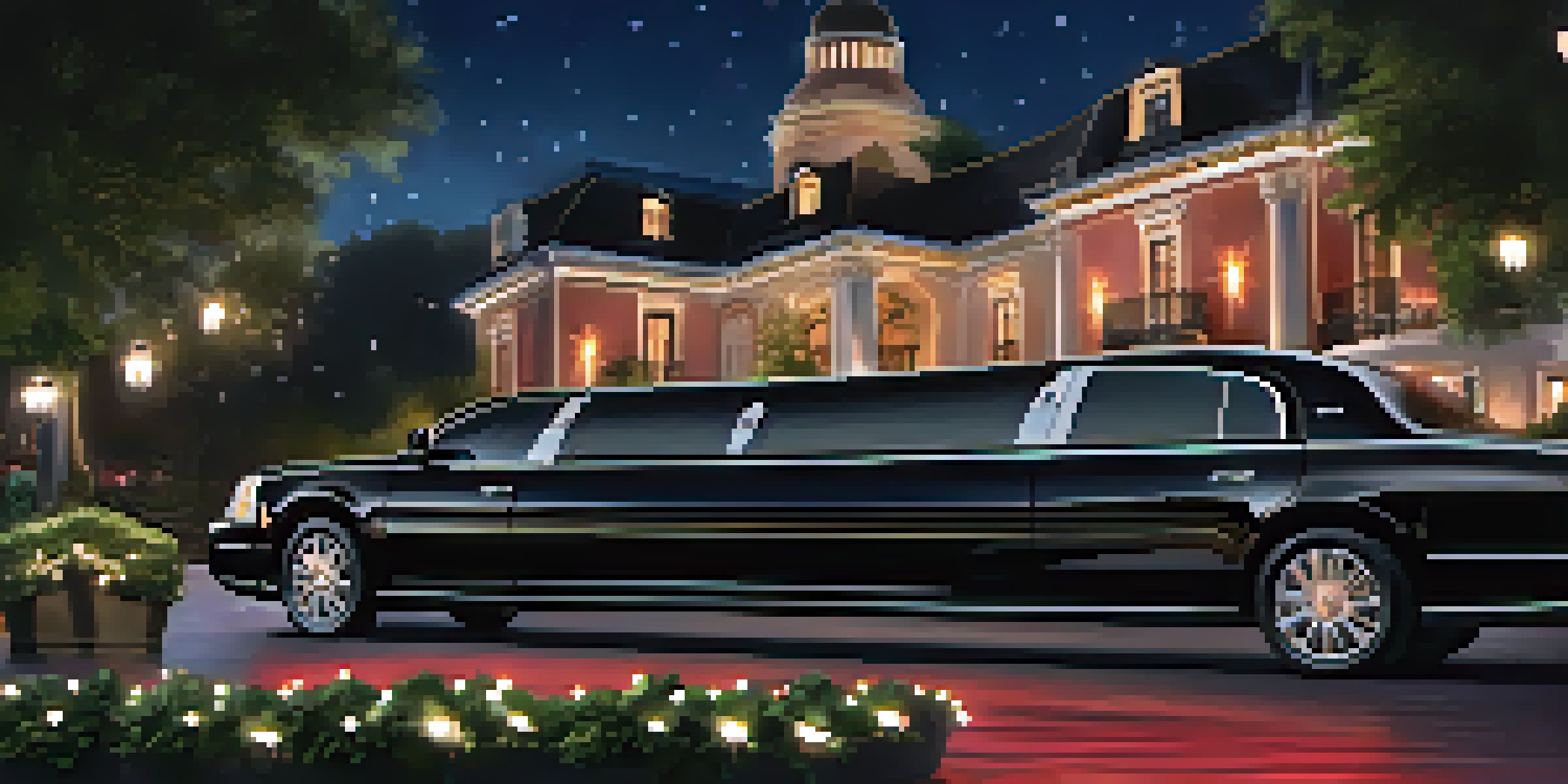A black stretch limousine parked outside a corporate event venue with a red carpet and ambient lighting.