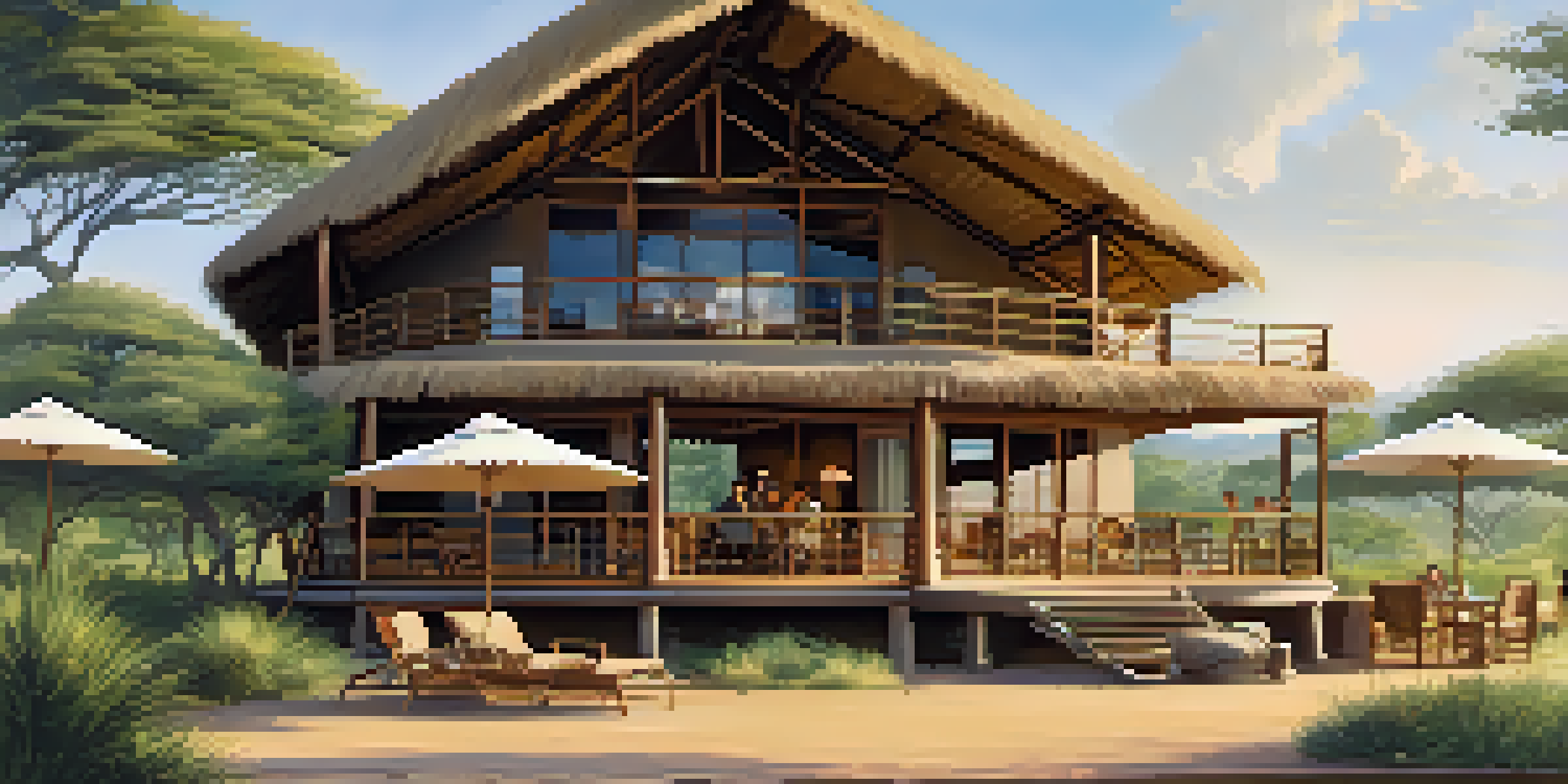 A family enjoying a safari adventure at a luxurious lodge in South Africa, with wildlife in the background.