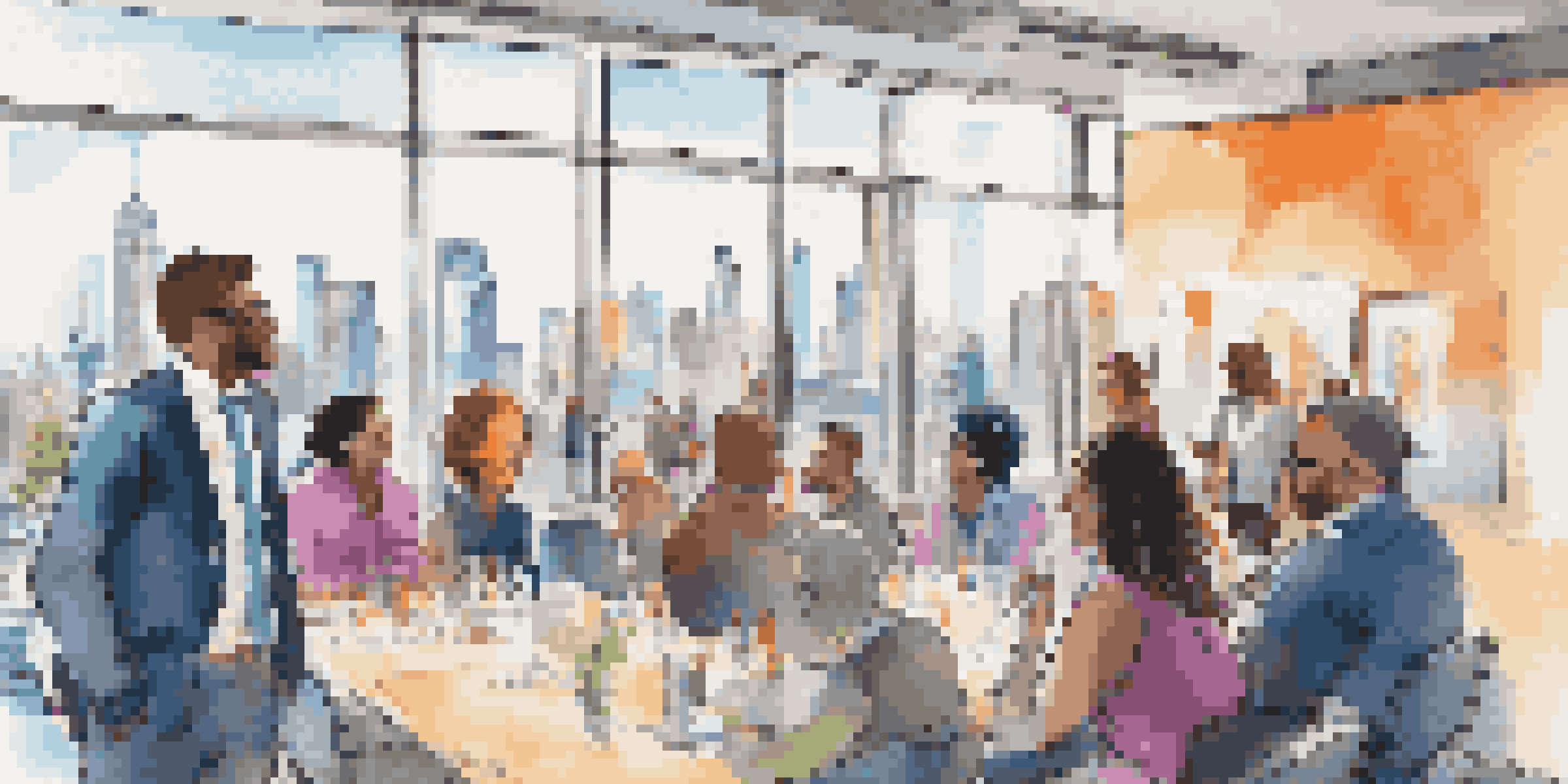 A diverse group of entrepreneurs networking in a modern conference room, sharing ideas and business cards against a city skyline.