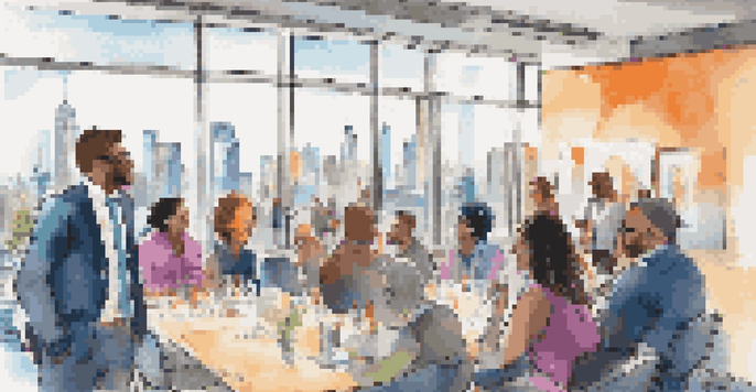A diverse group of entrepreneurs networking in a modern conference room, sharing ideas and business cards against a city skyline.
