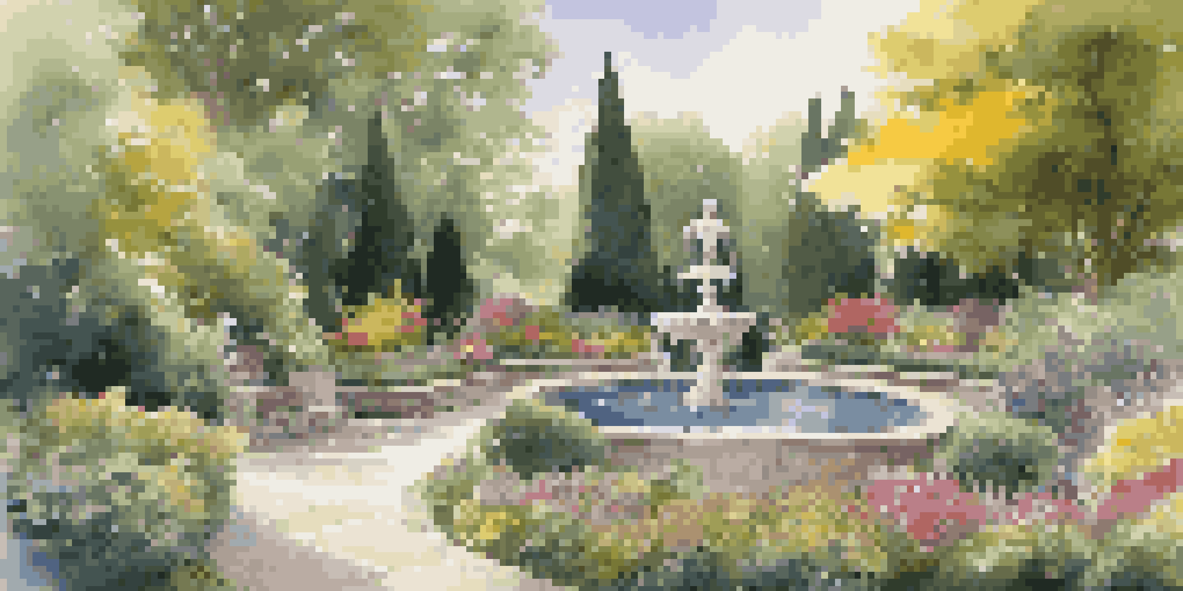 A beautifully landscaped luxury garden with diverse plants, a water fountain, and stone pathways under dappled sunlight.