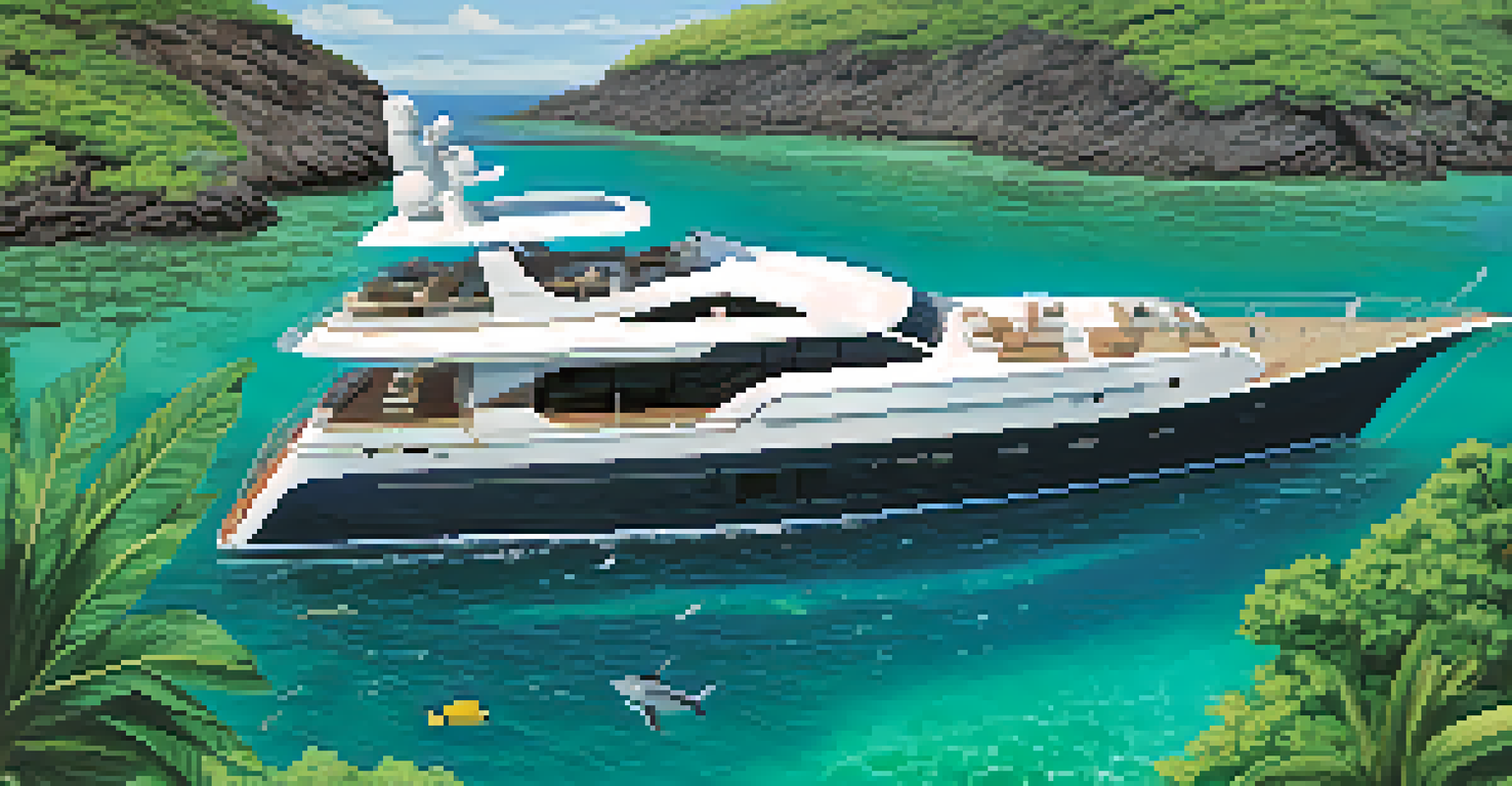 A private yacht in the Galápagos Islands, with guests snorkeling in clear waters and lush islands in the background.