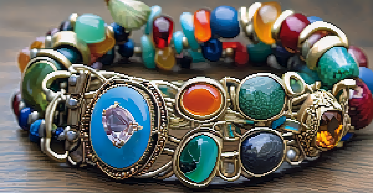 An upcycled vintage necklace transformed into a modern bracelet, featuring colorful natural stones, displayed against eco-friendly materials.