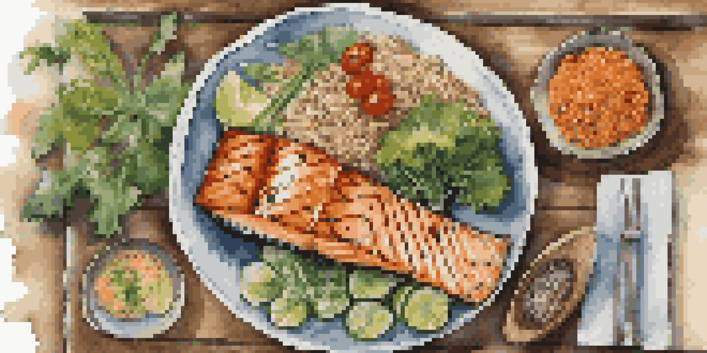 A vibrant gourmet meal on a rustic wooden table, showcasing grilled salmon, fresh vegetables, and quinoa, well-lit by soft natural light.