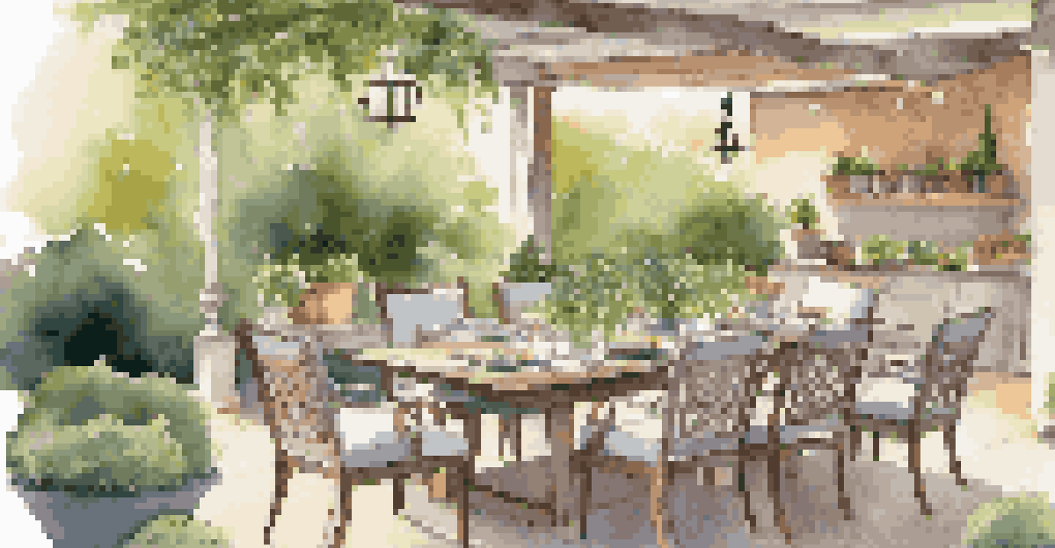 A stylish outdoor dining area with a beautifully set table and ambient lighting, featuring a lounge area with comfortable cushions.