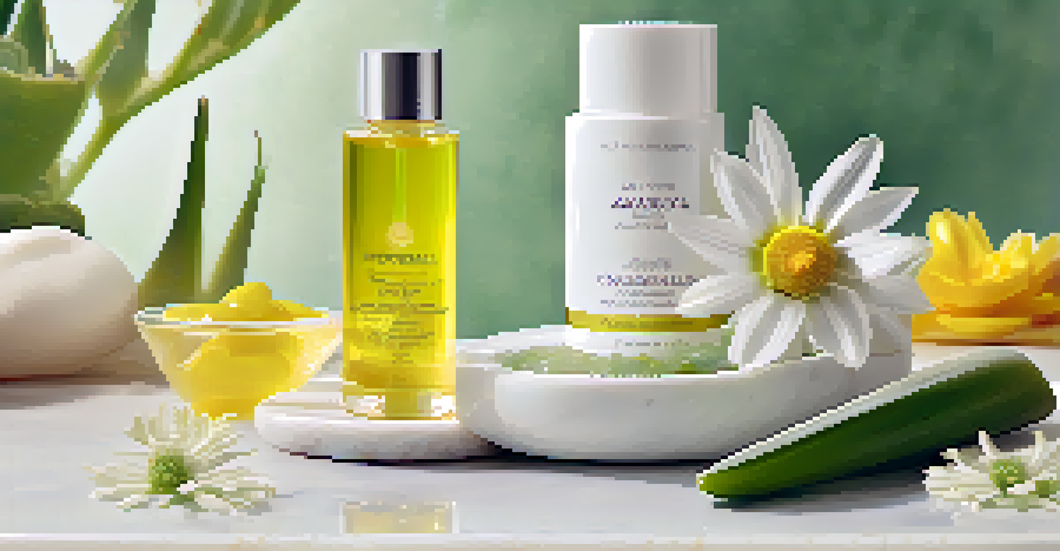 A close-up view of natural skincare ingredients including aloe vera, vitamin C serum, and chamomile flowers.