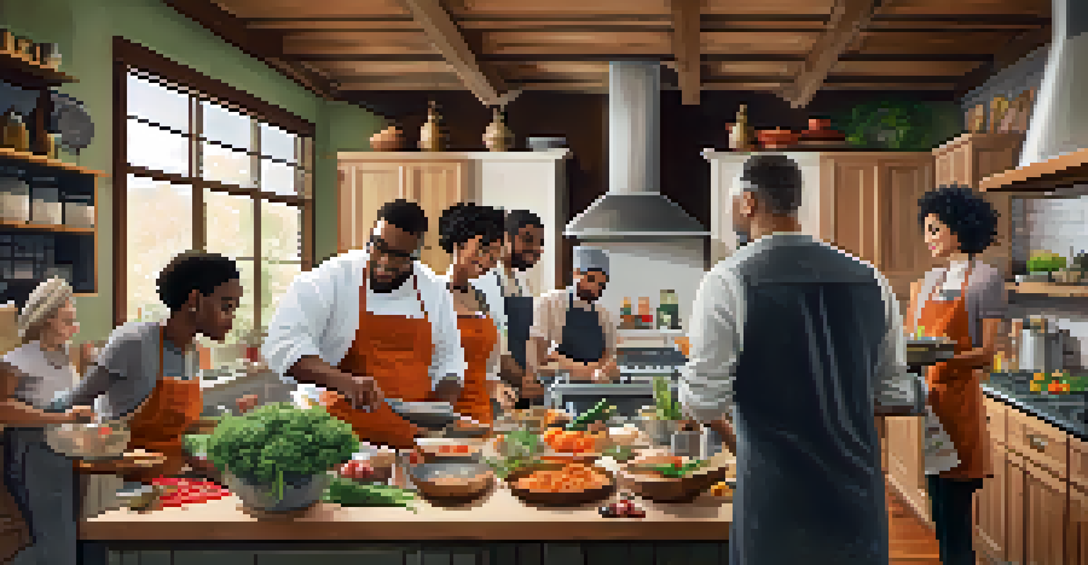 A group of friends in a cozy kitchen taking a cooking class with a celebrity chef, surrounded by ingredients and cooking tools.