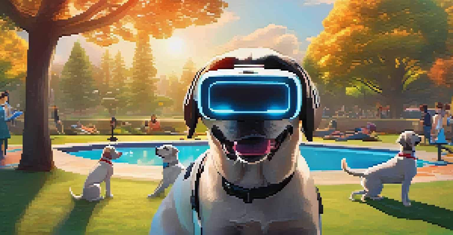 A dog wearing a VR headset during a training session in a colorful virtual park, with a person observing.