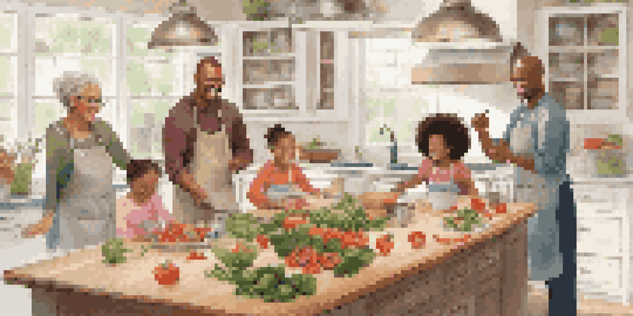 A family of four working together in a bright kitchen, chopping vegetables and preparing a meal, with laughter and smiles all around.