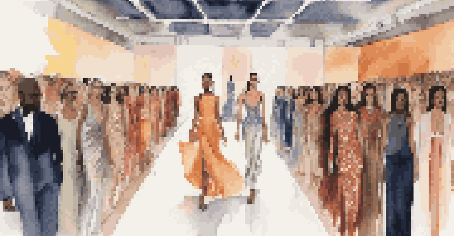 A luxury fashion runway show featuring models in culturally inspired garments, with dramatic lighting and a captivated audience.