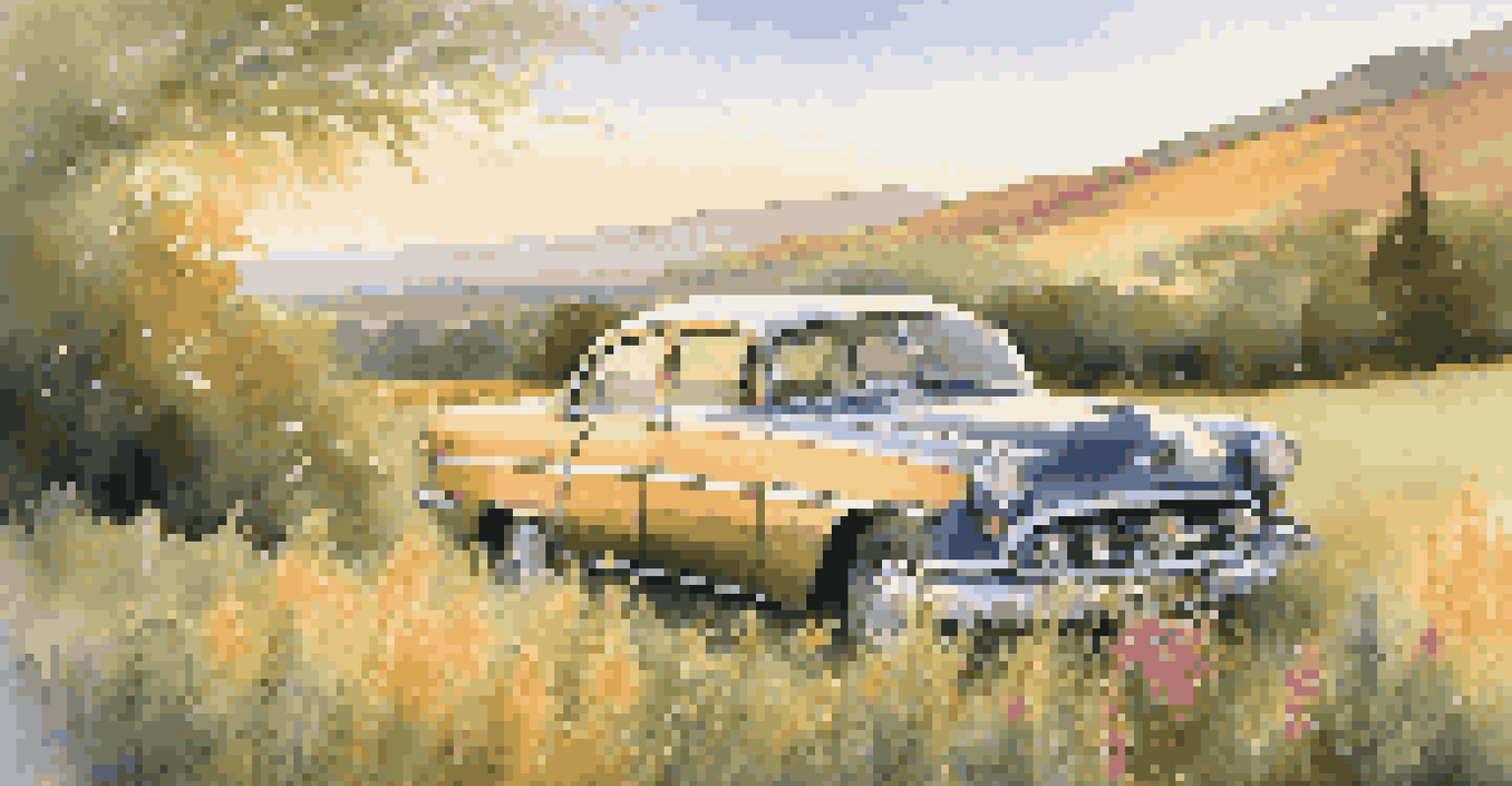 A vintage car parked in a scenic countryside, surrounded by flowers and greenery during golden hour.